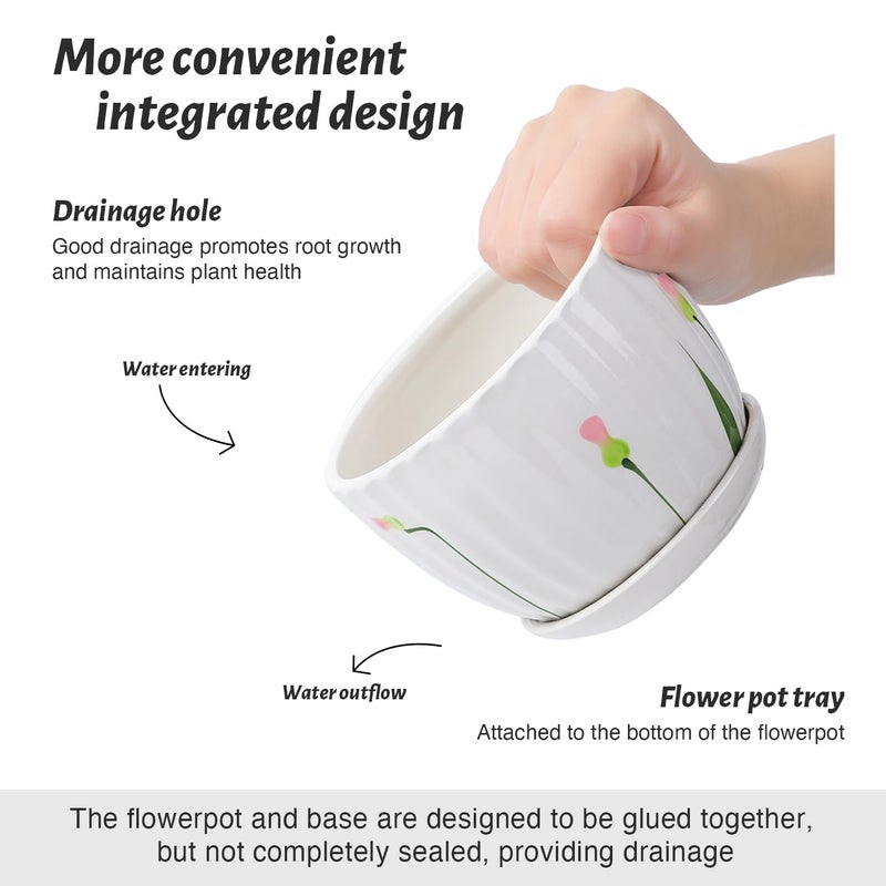 STHIE Ceramic Plant Pots with Drainage Holes and Saucers  Round White Flower Pots for Indoor Plant  Diameter 3.3/4.3/5.5 Inches Small Flower Planters Set of 3 - Image 2